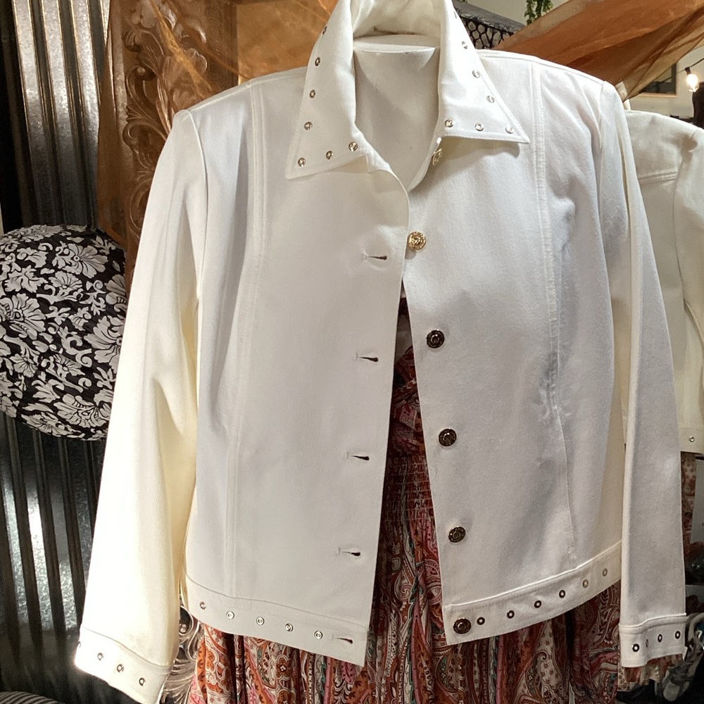 St.Johns. Whiteivory Eyelet-Trim Jacket fab as St. John is !!   Denim fabric.